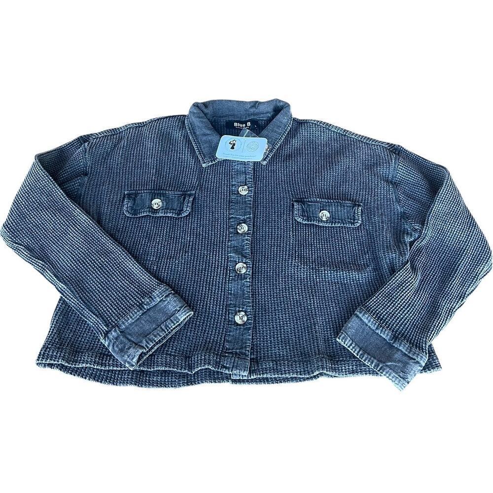 Blue B black weathered look, waffle button down jacket, women's M